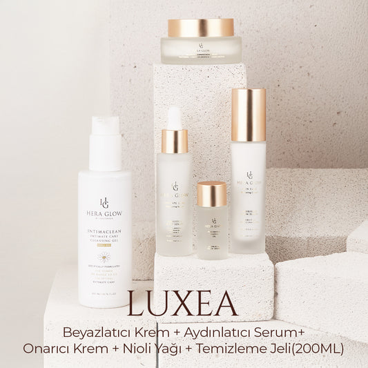 Hera Glow Luxea Serisi beyazlatıcı krem ve koltuk altı kremi, hassas bölgelerde cilt tonunu eşitleyerek aydınlık ve pürüzsüz bir görünüm sağlar.