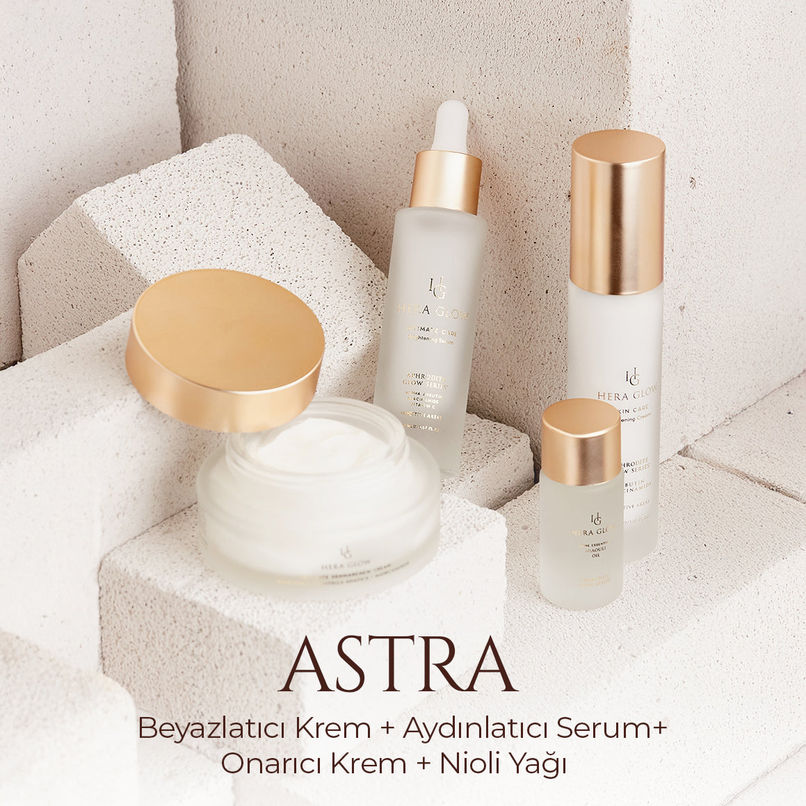 Hera Glow Astra Serisi beyazlatıcı krem ve koltuk altı kremi, hassas bölgelerde cilt tonunu eşitleyerek aydınlık ve pürüzsüz bir görünüm sağlar.