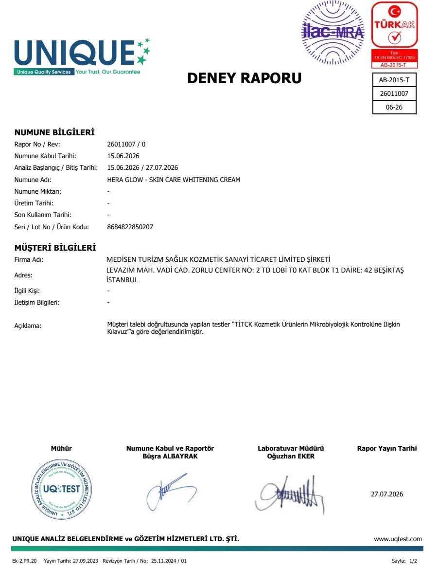 Beyazlatıcı Krem Koruyucu Etkinlik Testleri belgesinin ilk sayfası